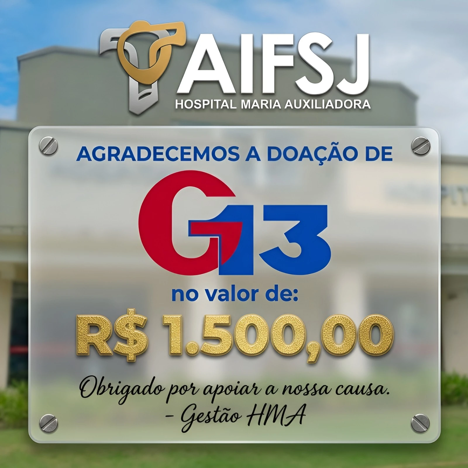 Imagem da notícia: Empresa G13 realiza doação de R$ 1.500 ao HMA
